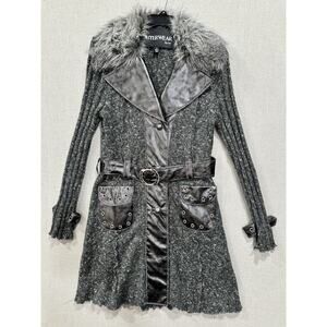 Outerwear Lisa Y2K Sweater Coat Faux Fur Collar Belt Knit Jacket Gray M Mob Wife
